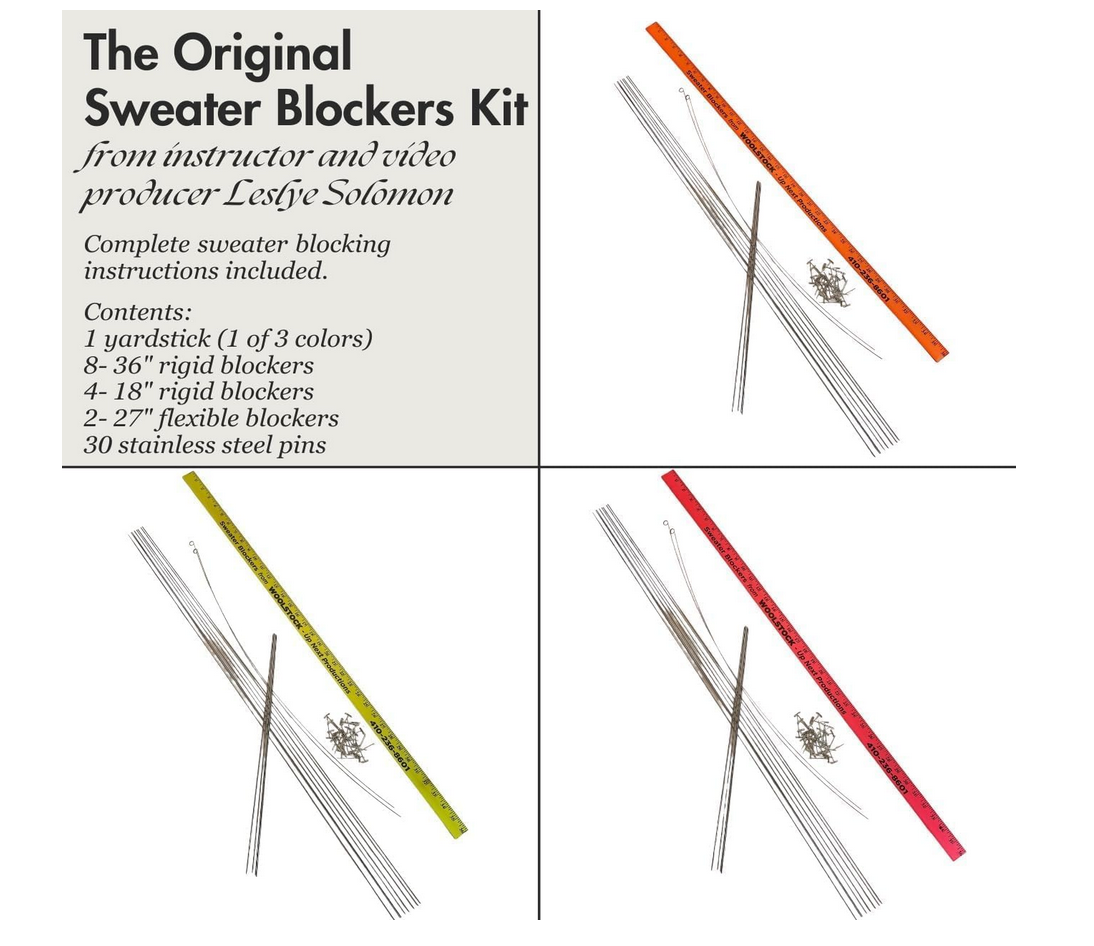 Leslye Solomon's Blocking Wires Bundle - Original Blockers Kit and (3) 60" Long Flex Blockers Kit. (8) - 36",(4)-18" Straight. (2) 27" Flex blockers, 60-T-pins, neon Yardstick & Blocking Directions